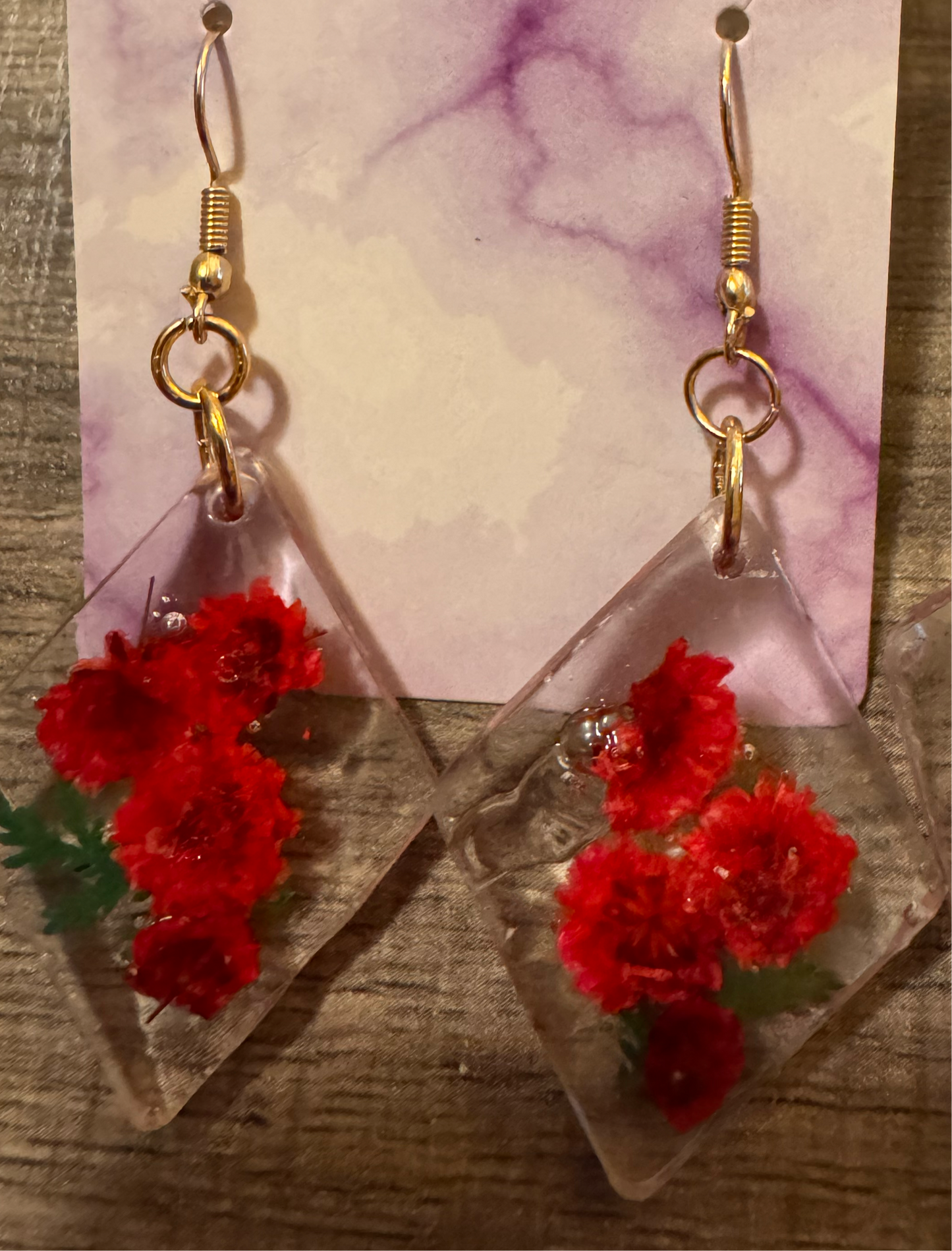 Gold Resin -  clear and red flower earrings small.