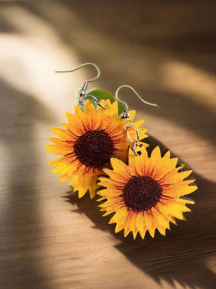 Sunflower earrings - wooden