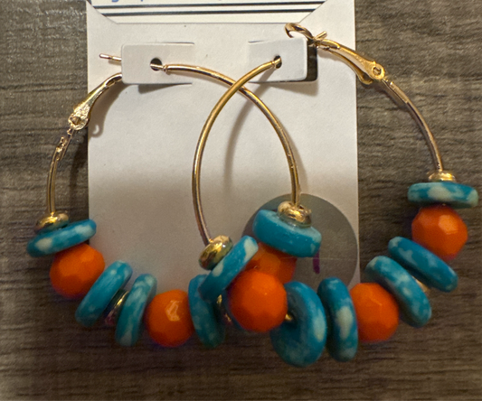 Hoop Earrings on gold hoop - orange and blue