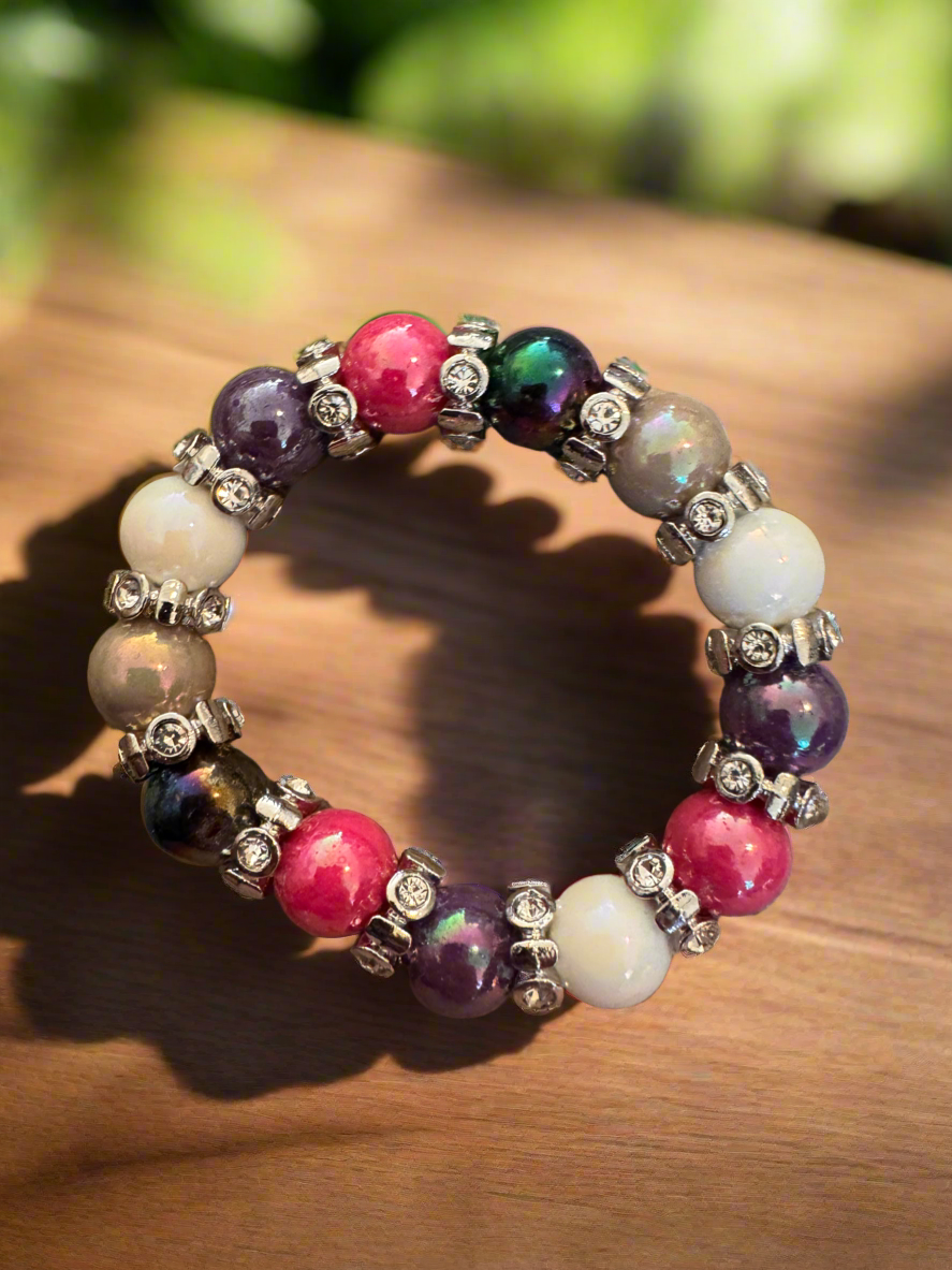 Pink, purple, silver and white beaded bracelet and earrings set