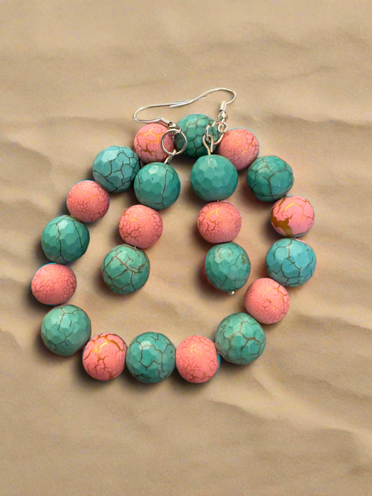 Blue and Pink 2in diameter bracelet and earring set.