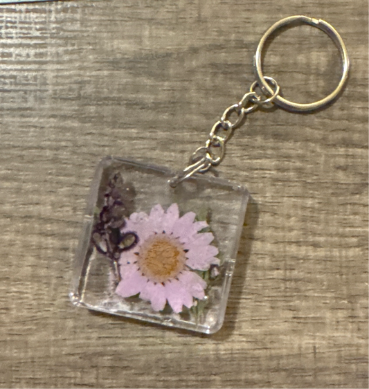 Silver Square key chain clear resin with purple flower