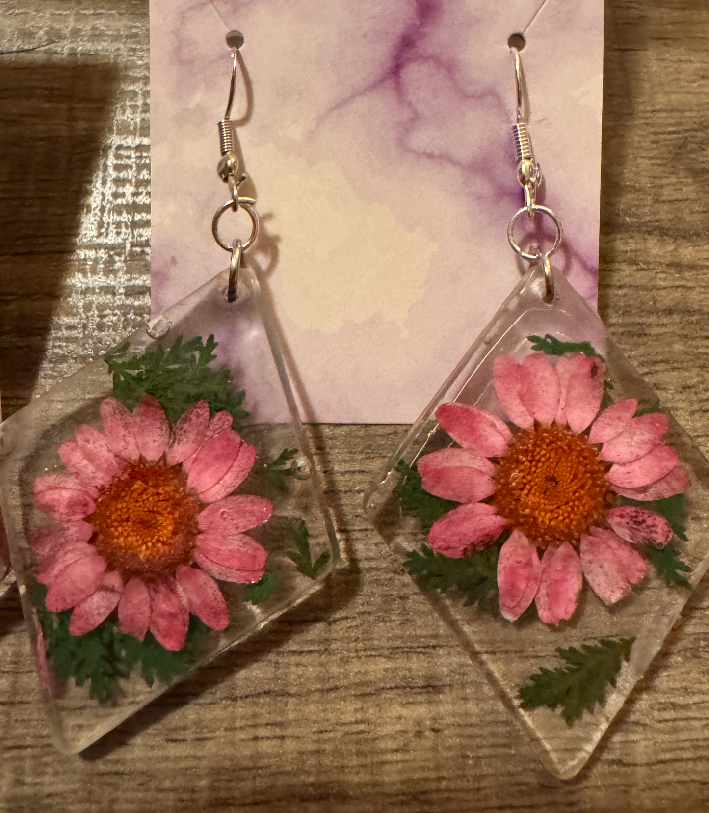 Silver Resin Earrings-clear with pink flower