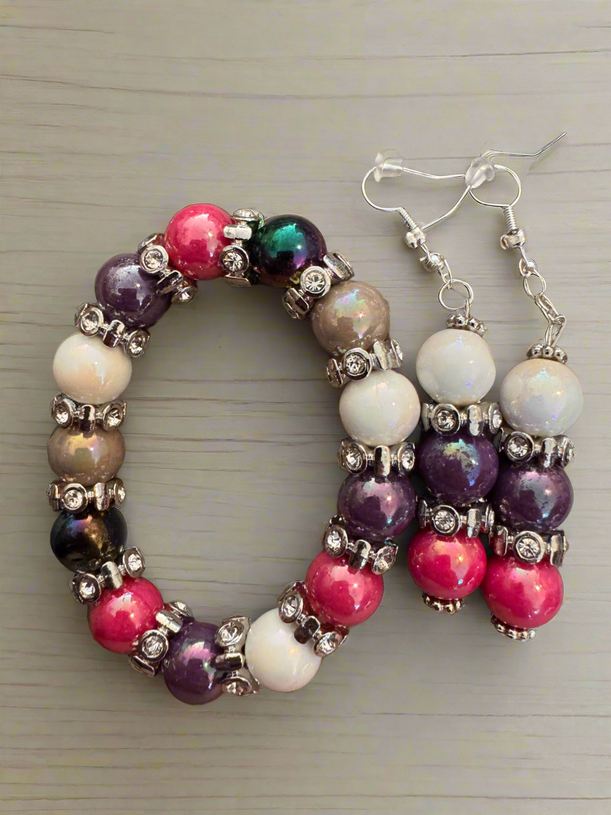 Pink, purple, silver and white beaded bracelet and earrings set