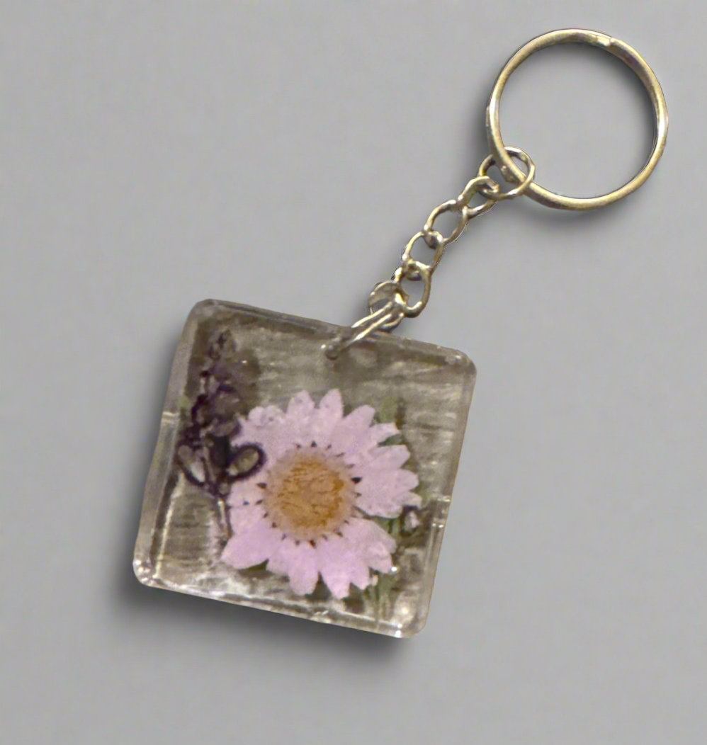 Silver Square key chain clear resin with purple flower