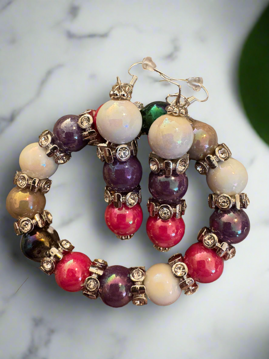 Pink, purple, silver and white beaded bracelet and earrings set