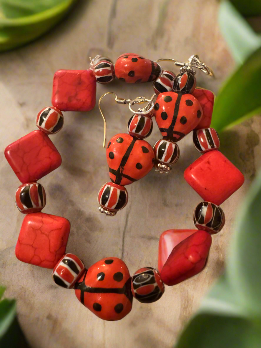 Lady bug bracelet and earrings set