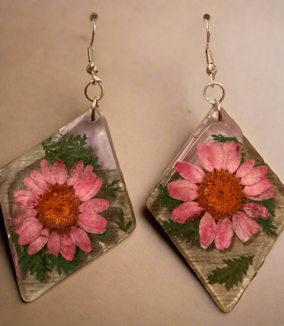 Silver Resin Earrings-clear with pink flower