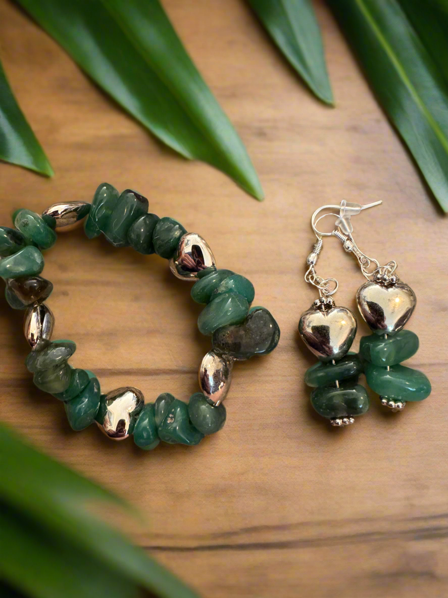 Green and silver bracelet with matching set of earrings