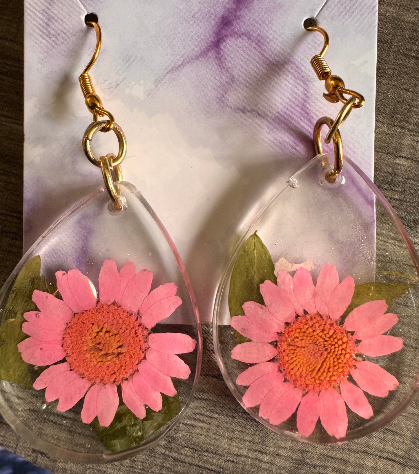 Gold Resin pink flower teardrop earrings